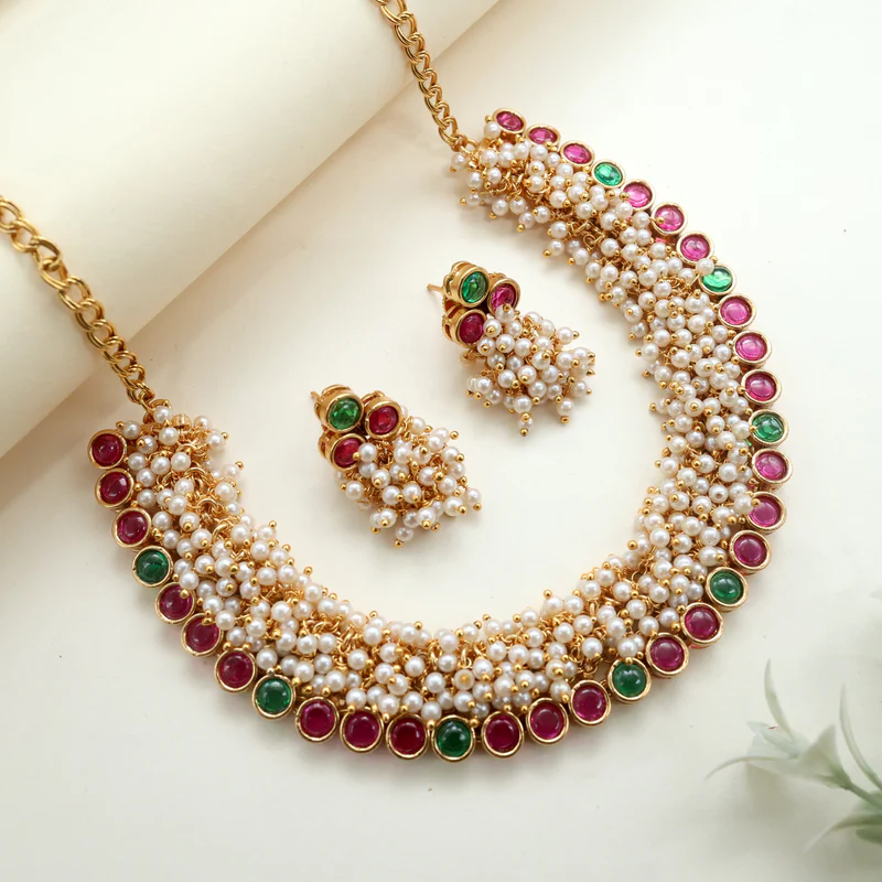 Antique Pearl Bunch Kemp Button Necklace set
